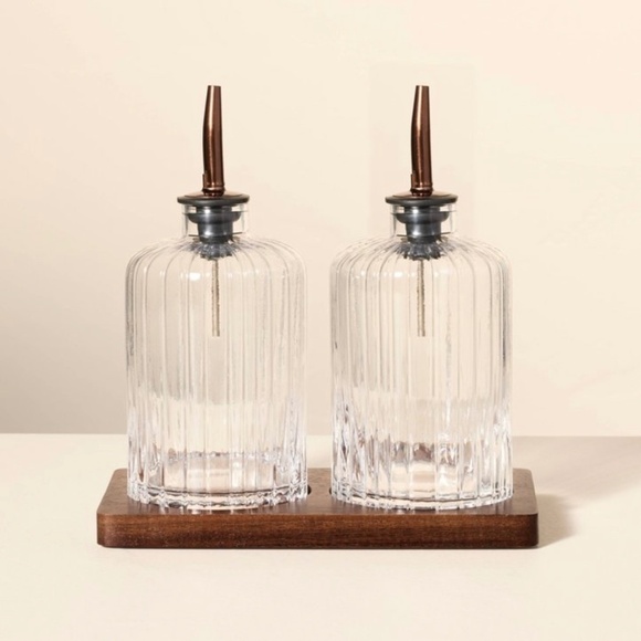 Oil & Vinegar Ribbed Glass Bottle Set with Wood Base - Hearth & Hand Magnolia - Picture 1 of 8